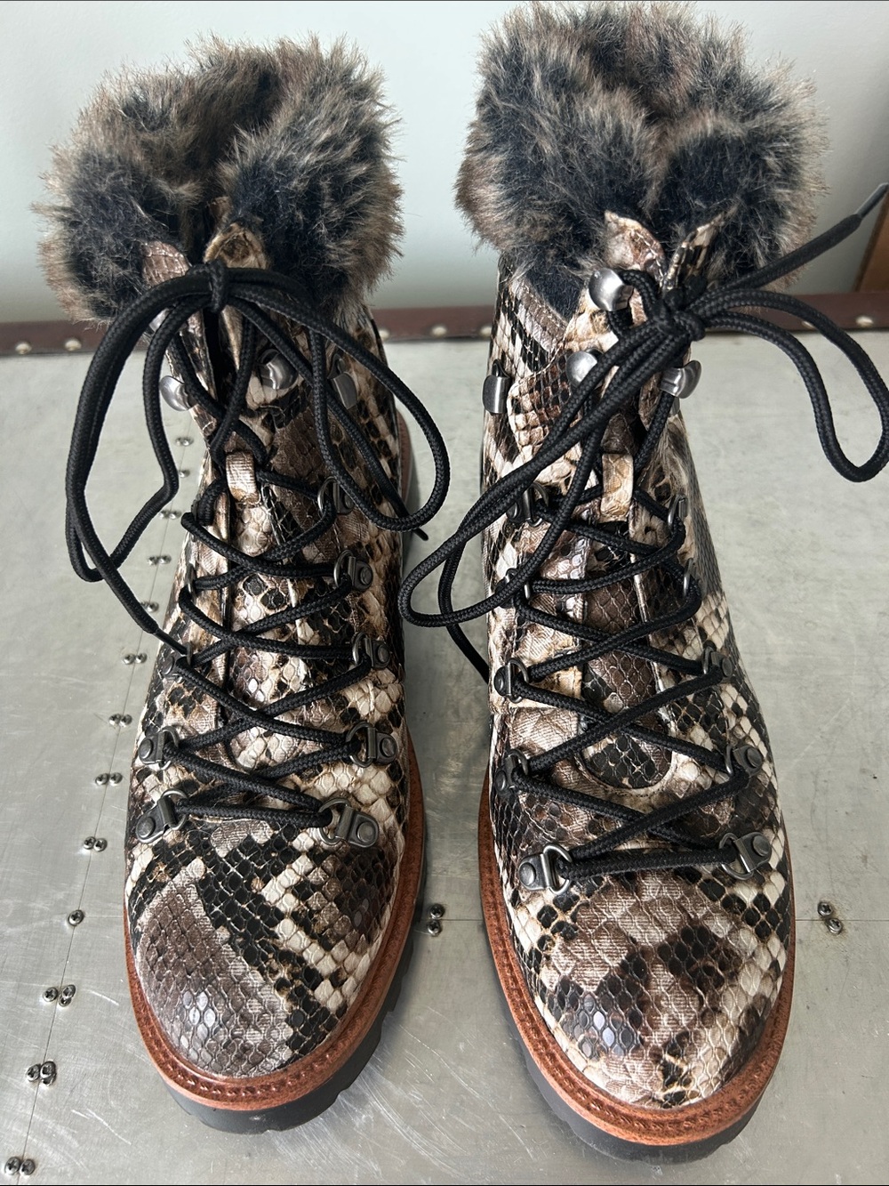 Dolce Vita Faux Snakeskin Lace-Up Fur-Trim Hiking Boots - Brown/Black